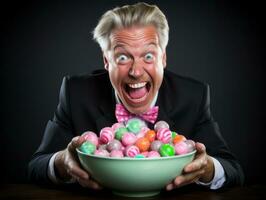 Man in Halloween costume holding a bowl of candy with mischievous grin AI Generative photo