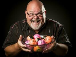 Man in Halloween costume holding a bowl of candy with mischievous grin AI Generative photo