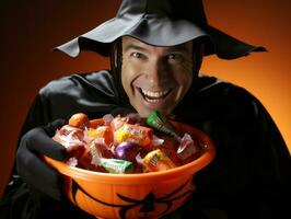 Man in Halloween costume holding a bowl of candy with mischievous grin AI Generative photo