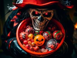 Man in Halloween costume holding a bowl of candy with mischievous grin AI Generative photo