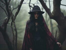 mujer vestido como un bruja para Víspera de Todos los Santos ai generativo foto