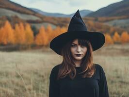 mujer vestido como un bruja para Víspera de Todos los Santos ai generativo foto