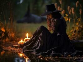 mujer vestido como un bruja para Víspera de Todos los Santos ai generativo foto