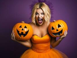 Woman in a Halloween costume with a playful pose AI Generative photo