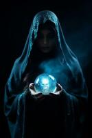 Woman telling from a crystal ball dressed as a mysterious fortune teller AI Generative photo