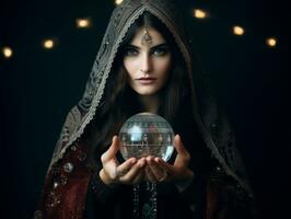 mujer narración desde un cristal pelota vestido como un misterioso fortuna cajero ai generativo foto