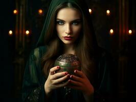 Woman telling from a crystal ball dressed as a mysterious fortune teller AI Generative photo