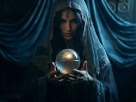 Woman telling from a crystal ball dressed as a mysterious fortune teller AI Generative photo