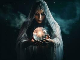 Woman telling from a crystal ball dressed as a mysterious fortune teller AI Generative photo