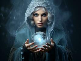 Woman telling from a crystal ball dressed as a mysterious fortune teller AI Generative photo