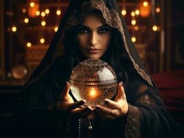 Woman telling from a crystal ball dressed as a mysterious fortune teller AI Generative photo