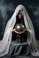 Woman telling from a crystal ball dressed as a mysterious fortune teller AI Generative photo