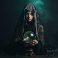 Woman telling from a crystal ball dressed as a mysterious fortune teller AI Generative photo
