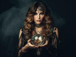 Woman telling from a crystal ball dressed as a mysterious fortune teller AI Generative photo