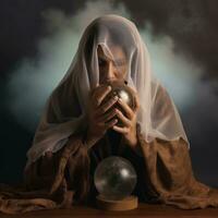 Woman telling from a crystal ball dressed as a mysterious fortune teller AI Generative photo