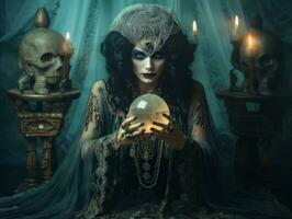 Woman telling from a crystal ball dressed as a mysterious fortune teller AI Generative photo