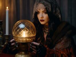 Woman telling from a crystal ball dressed as a mysterious fortune teller AI Generative photo