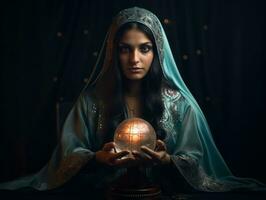 Woman telling from a crystal ball dressed as a mysterious fortune teller AI Generative photo