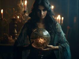 Woman telling from a crystal ball dressed as a mysterious fortune teller AI Generative photo