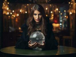 Woman telling from a crystal ball dressed as a mysterious fortune teller AI Generative photo