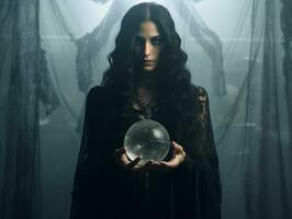 Woman telling from a crystal ball dressed as a mysterious fortune teller AI Generative photo