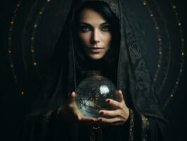 Woman telling from a crystal ball dressed as a mysterious fortune teller AI Generative photo