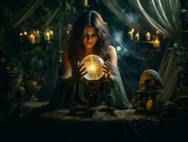 Woman telling from a crystal ball dressed as a mysterious fortune teller AI Generative photo