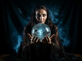 Woman telling from a crystal ball dressed as a mysterious fortune teller AI Generative photo