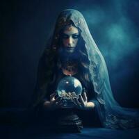 Woman telling from a crystal ball dressed as a mysterious fortune teller AI Generative photo