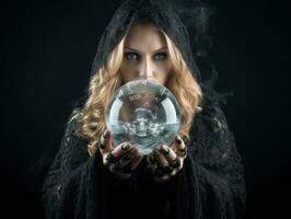 Woman telling from a crystal ball dressed as a mysterious fortune teller AI Generative photo