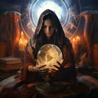 Woman telling from a crystal ball dressed as a mysterious fortune teller AI Generative photo