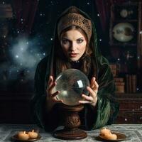 Woman telling from a crystal ball dressed as a mysterious fortune teller AI Generative photo