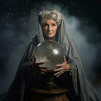 Woman telling from a crystal ball dressed as a mysterious fortune teller AI Generative photo