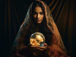 Woman telling from a crystal ball dressed as a mysterious fortune teller AI Generative photo