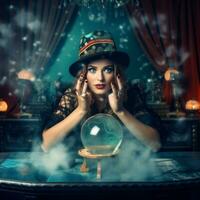 Woman telling from a crystal ball dressed as a mysterious fortune teller AI Generative photo