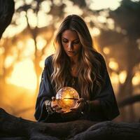 mujer narración desde un cristal pelota vestido como un misterioso fortuna cajero ai generativo foto