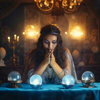 Woman telling from a crystal ball dressed as a mysterious fortune teller AI Generative photo