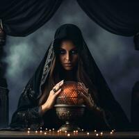 mujer narración desde un cristal pelota vestido como un misterioso fortuna cajero ai generativo foto