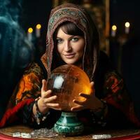 Woman telling from a crystal ball dressed as a mysterious fortune teller AI Generative photo