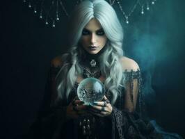 Woman telling from a crystal ball dressed as a mysterious fortune teller AI Generative photo