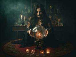 Woman telling from a crystal ball dressed as a mysterious fortune teller AI Generative photo