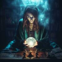 Woman telling from a crystal ball dressed as a mysterious fortune teller AI Generative photo