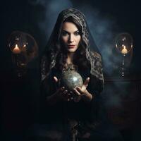 Woman telling from a crystal ball dressed as a mysterious fortune teller AI Generative photo