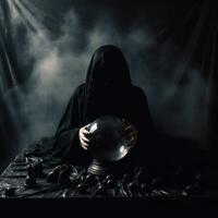 Woman telling from a crystal ball dressed as a mysterious fortune teller AI Generative photo