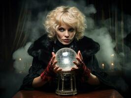 Woman telling from a crystal ball dressed as a mysterious fortune teller AI Generative photo