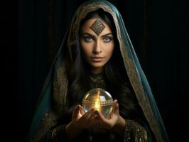 Woman telling from a crystal ball dressed as a mysterious fortune teller AI Generative photo