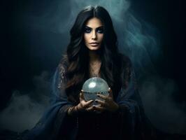 Woman telling from a crystal ball dressed as a mysterious fortune teller AI Generative photo