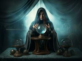 Woman telling from a crystal ball dressed as a mysterious fortune teller AI Generative photo