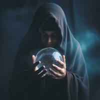mujer narración desde un cristal pelota vestido como un misterioso fortuna cajero ai generativo foto