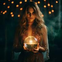 Woman telling from a crystal ball dressed as a mysterious fortune teller AI Generative photo